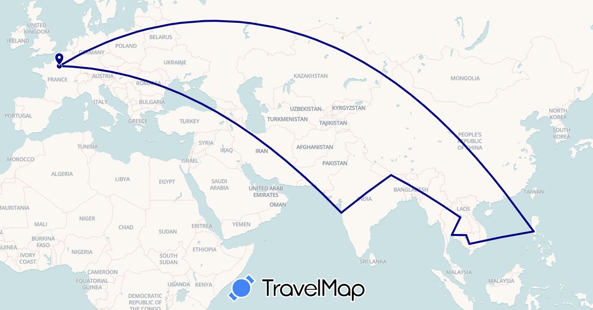 TravelMap itinerary: driving in France, India, Cambodia, Laos, Nepal, Philippines, Thailand (Asia, Europe)